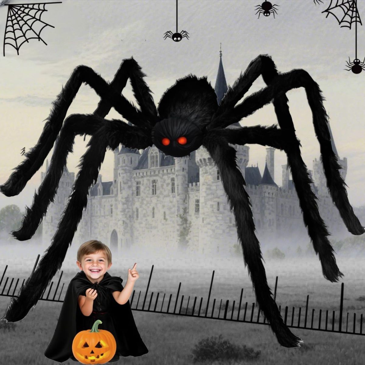 Giant Spider 6.6 Ft, 2M Halloween Decorations Fake Halloween Decor Spiders Large, Furry Spiders for Outdoor Indoor Yard Home Costumes Party House Décor - Black - Size 4 Pack