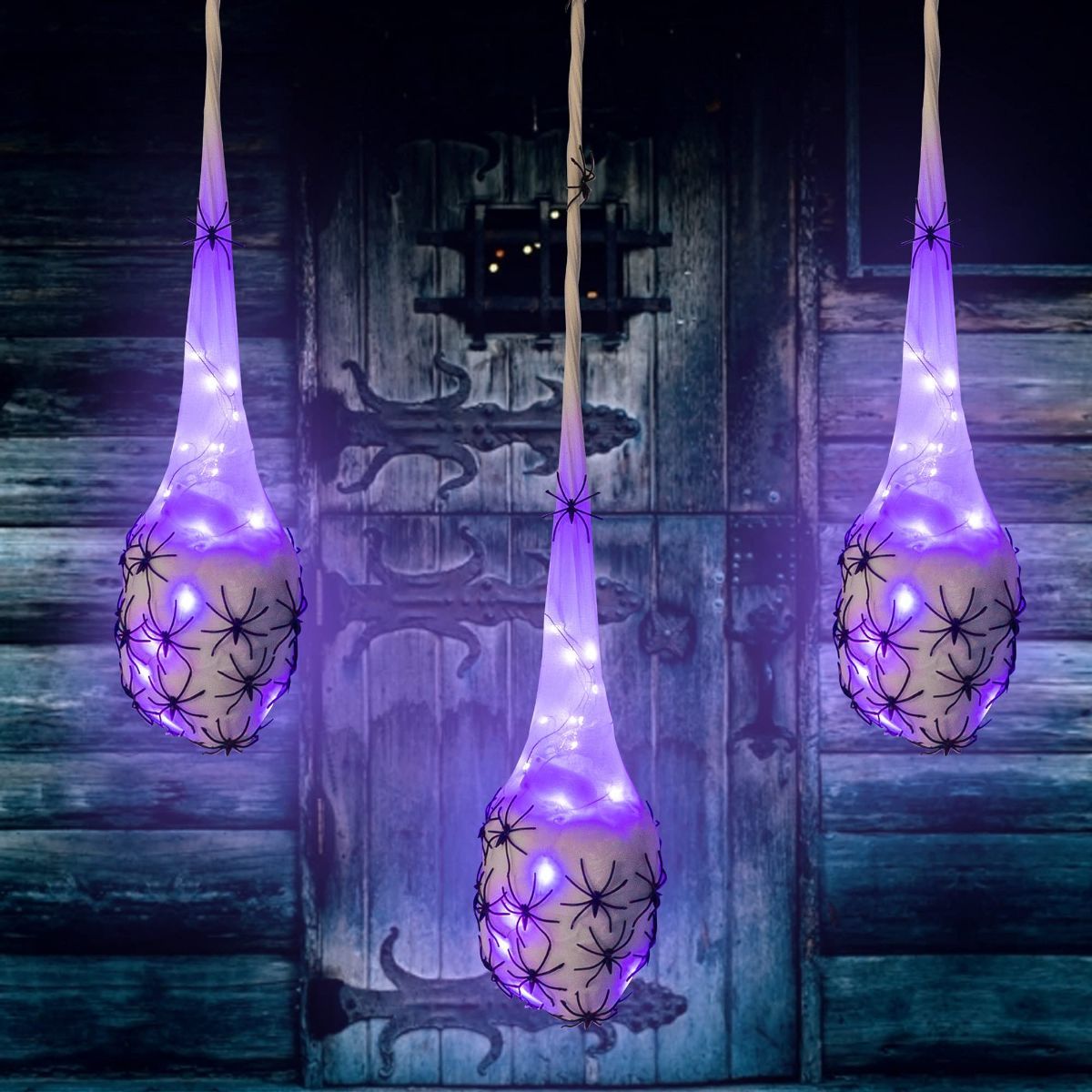 3.2FT Halloween Decoration Hanging Light Up Spider Egg Sacs 3 Packs, Gift for Halloween Party Favors Games, Sacks Props for Halloween, Birthday Indoor Outdoor Decor (Purple)