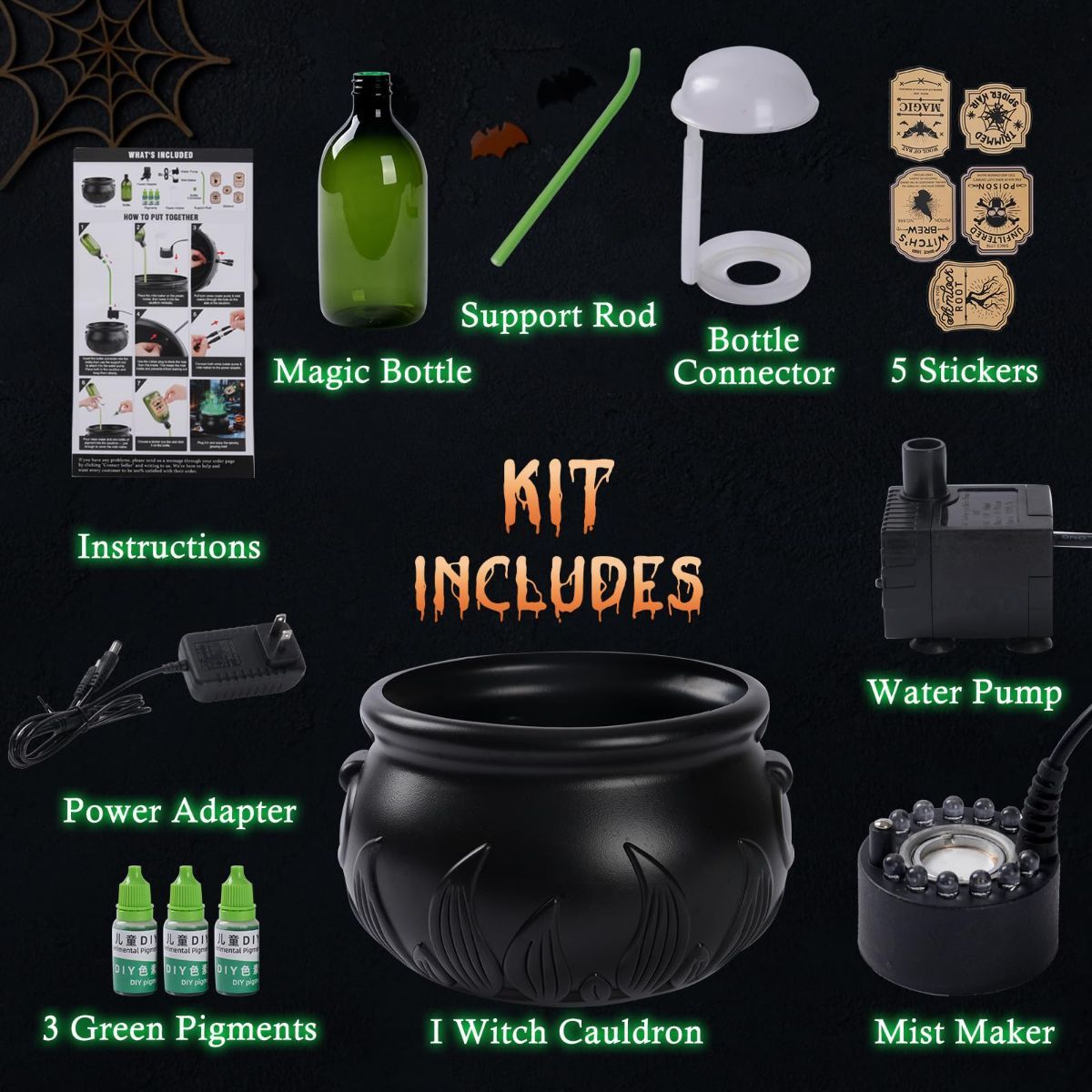 Halloween Decorations Indoor - DIY Witches Cauldron Floating Potion Set | Spooky Vintage Black Plastic Bowl with Mist Maker, Hocus Pocus Party Decor for Home Table Mantel Kitchen Room - Black - Size S
