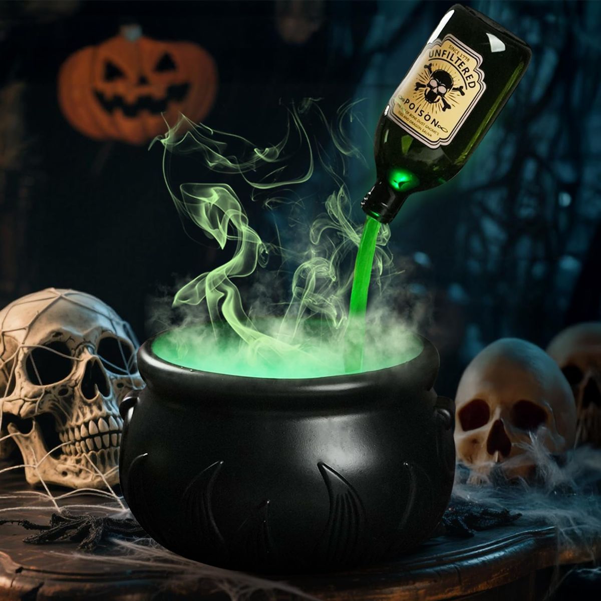 Halloween Decorations Indoor - DIY Witches Cauldron Floating Potion Set | Spooky Vintage Black Plastic Bowl with Mist Maker, Hocus Pocus Party Decor for Home Table Mantel Kitchen Room - Black - Size S