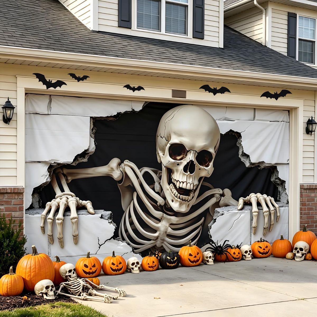 Halloween Garage Door Cover Halloween Decorations Outdoor Hanging Banner Garage - White - Size 8x16ft