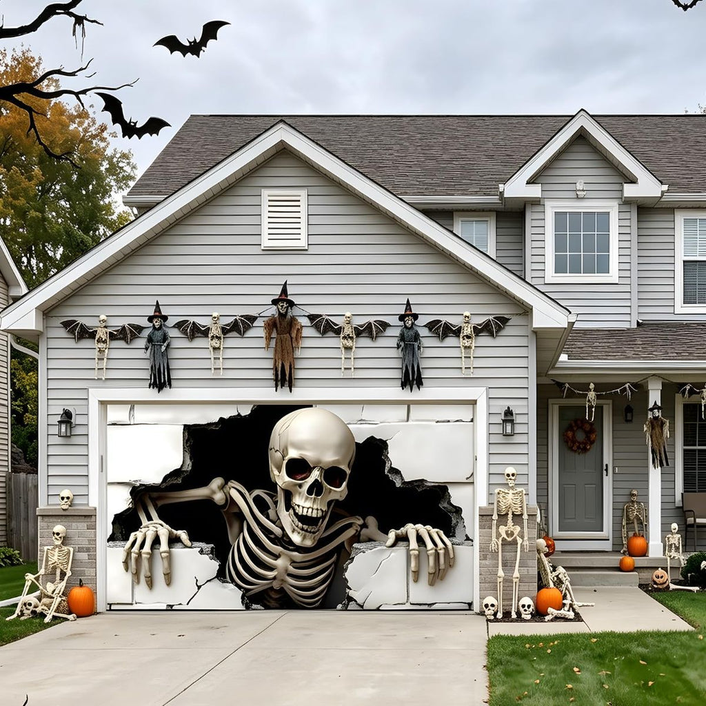 Halloween Garage Door Cover Halloween Decorations Outdoor Hanging Banner Garage - White - Size 8x16ft