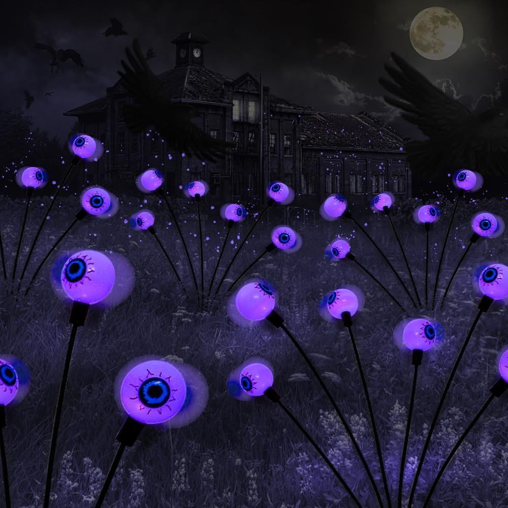2PACK Scary Eyeballs Solar Garden Light Halloween Decorations Outdoor,Swaying Firefly Spooky Eyes Lights-Waterproof Ornaments Solar Halloween Lights for Lawn, Patio, Party Decor - Purple - Size 10 led