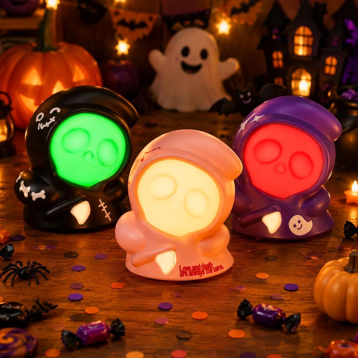 3 Pack Halloween Decorations, Grim Reaper Night Light, Friction Powered Pull Back | Party Decor, Portable, Rechargeable, Halloween Lamp, Adjustable Brightness, 3 Color Modes, DIY Stickers - Tricolour - Size 94mm