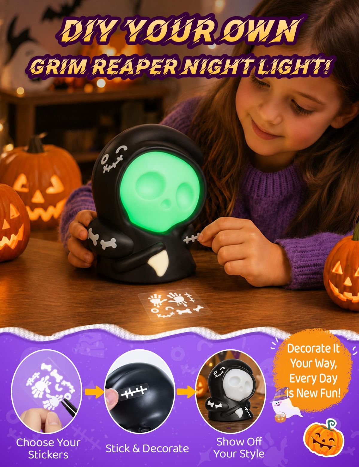 3 Pack Halloween Decorations, Grim Reaper Night Light, Friction Powered Pull Back | Party Decor, Portable, Rechargeable, Halloween Lamp, Adjustable Brightness, 3 Color Modes, DIY Stickers - Tricolour - Size 94mm