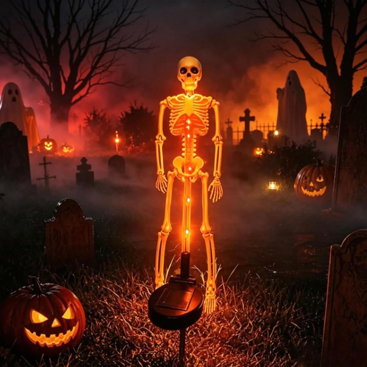 Solar Skeleton Lamp Yard Stake Halloween Decorations Garden Light, 28'' Glow Bones Figurine LED Lamp, 3D Creepy Waterproof Realistic Skull for Outdoor Grave Lawn Patio Party Fall Decor - Orange - Size 2 Pack