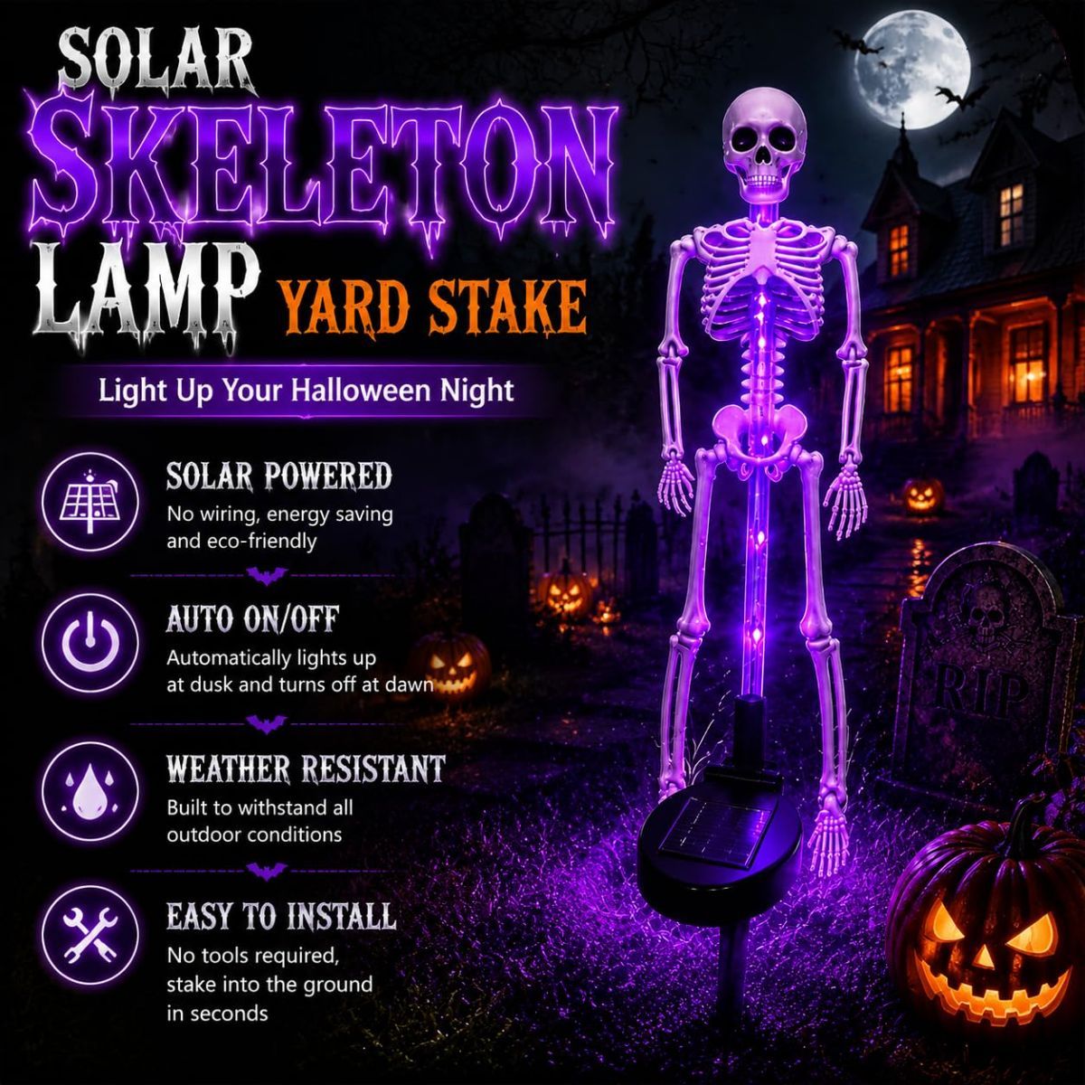 Solar Skeleton Lamp Yard Stake Halloween Decorations Garden Light, 28'' Glow Bones Figurine LED Lamp, 3D Creepy Waterproof Realistic Skull for Outdoor Grave Lawn Patio Party Fall Decor - Orange - Size 2 Pack