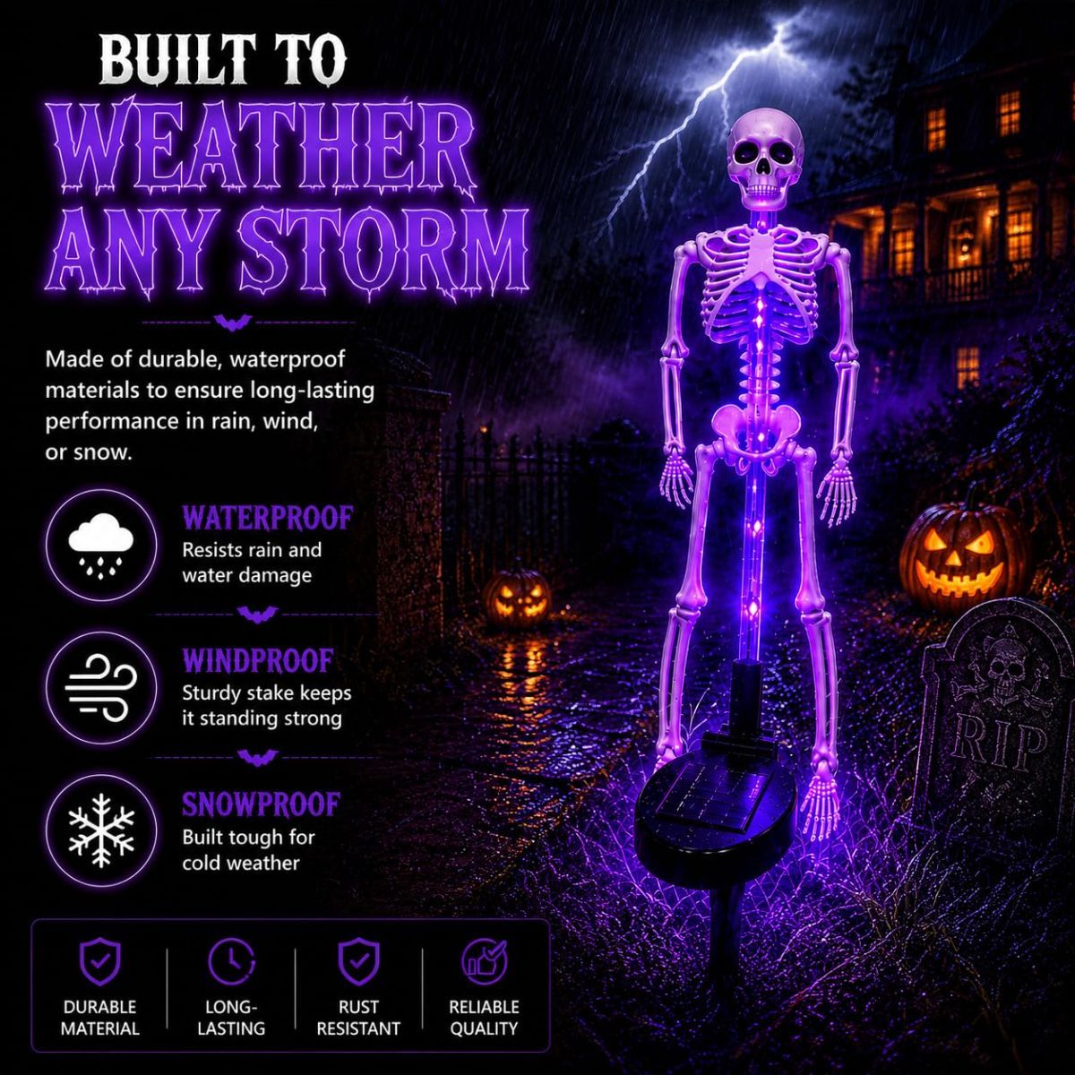 Solar Skeleton Lamp Yard Stake Halloween Decorations Garden Light, 28'' Glow Bones Figurine LED Lamp, 3D Creepy Waterproof Realistic Skull for Outdoor Grave Lawn Patio Party Fall Decor - Orange - Size 2 Pack
