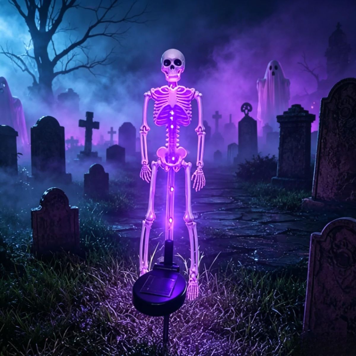 Solar Skeleton Lamp Yard Stake Halloween Decorations Garden Light, 28'' Glow Bones Figurine LED Lamp, 3D Creepy Waterproof Realistic Skull for Outdoor Grave Lawn Patio Party Fall Decor - Purple - Size 2 Pack