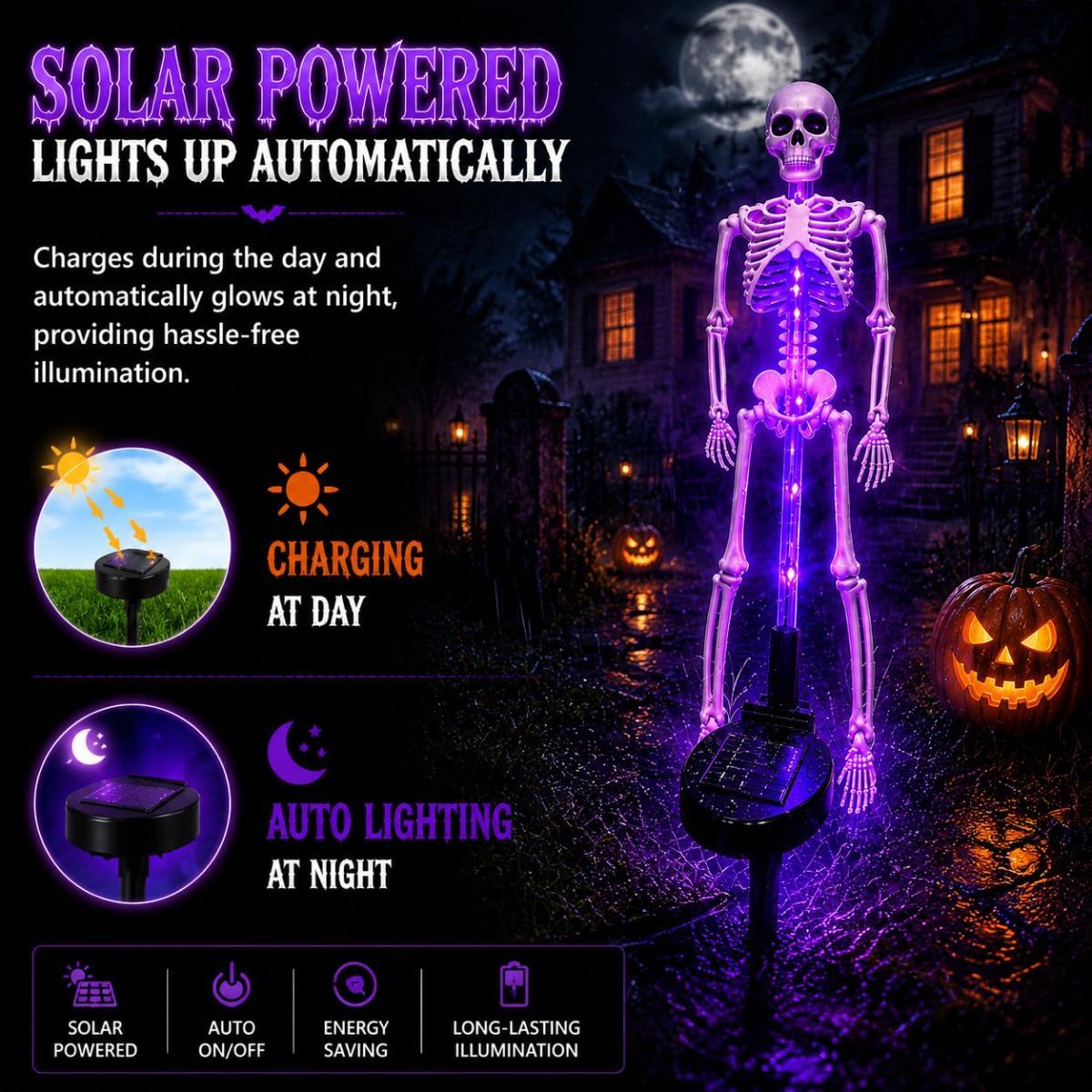 Solar Skeleton Lamp Yard Stake Halloween Decorations Garden Light, 28'' Glow Bones Figurine LED Lamp, 3D Creepy Waterproof Realistic Skull for Outdoor Grave Lawn Patio Party Fall Decor - Purple - Size 2 Pack
