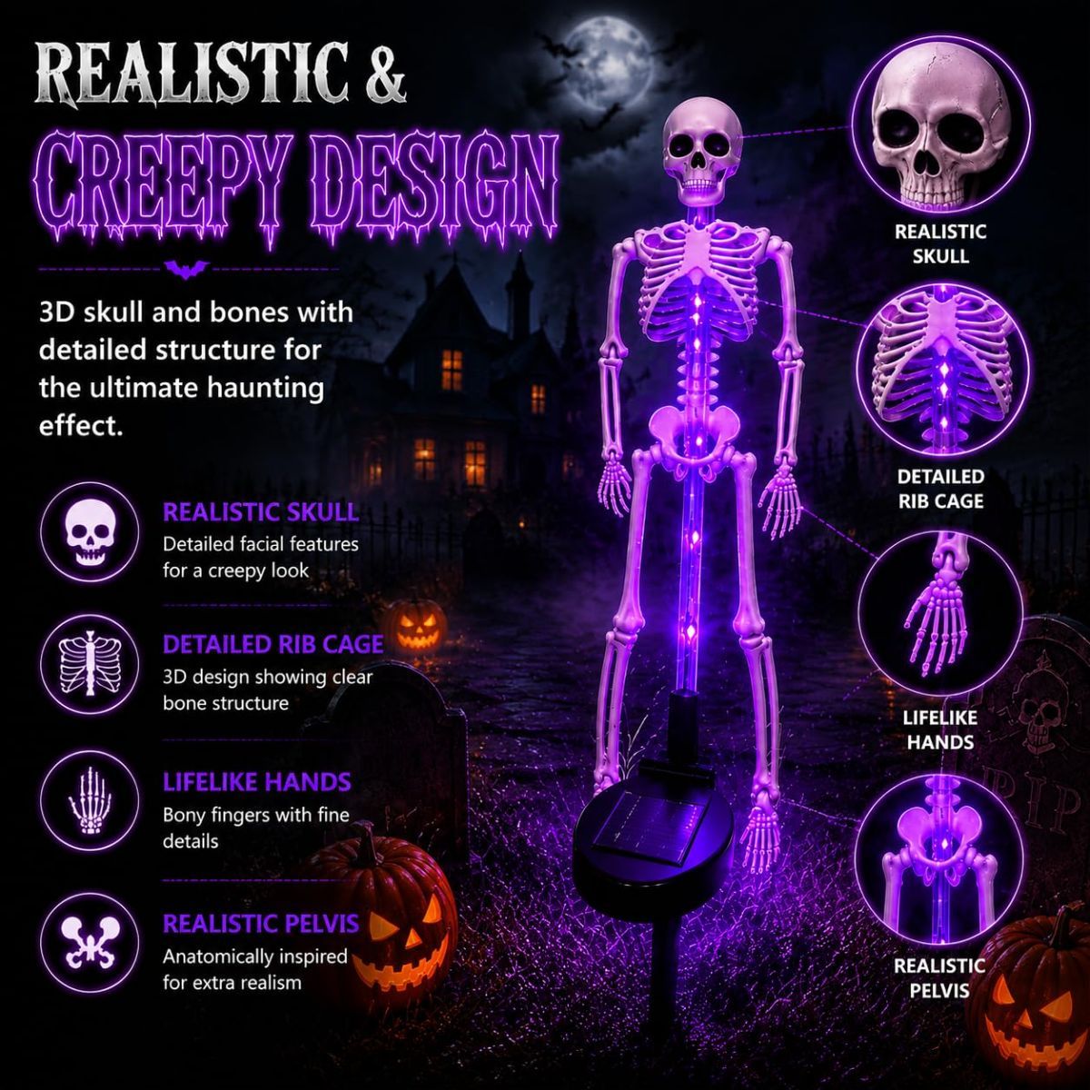 Solar Skeleton Lamp Yard Stake Halloween Decorations Garden Light, 28'' Glow Bones Figurine LED Lamp, 3D Creepy Waterproof Realistic Skull for Outdoor Grave Lawn Patio Party Fall Decor - Purple - Size 2 Pack