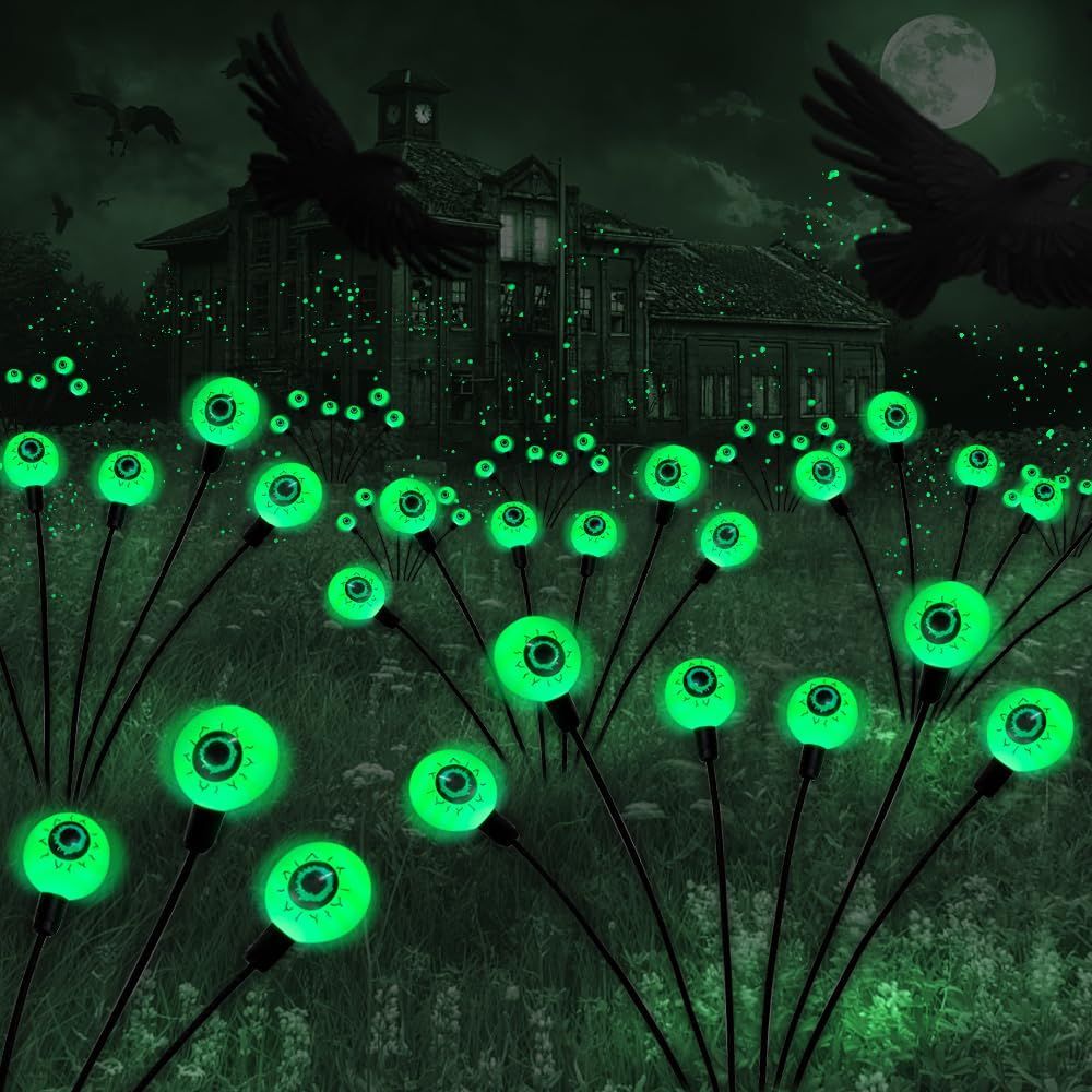 Halloween Decorations Outdoor Solar Scary Eyeball Lights,2PACKS LED Green Eyeball Swaying Firefly Lights,Waterproof Solar Halloween Path Lights for Yard/Garden/Lawn/Party Decor - Green - Size 10 led