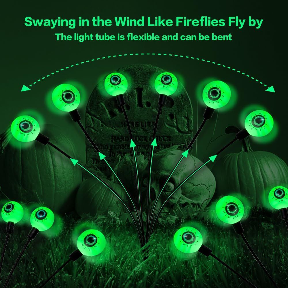 Halloween Decorations Outdoor Solar Scary Eyeball Lights,2PACKS LED Green Eyeball Swaying Firefly Lights,Waterproof Solar Halloween Path Lights for Yard/Garden/Lawn/Party Decor - Green - Size 10 led