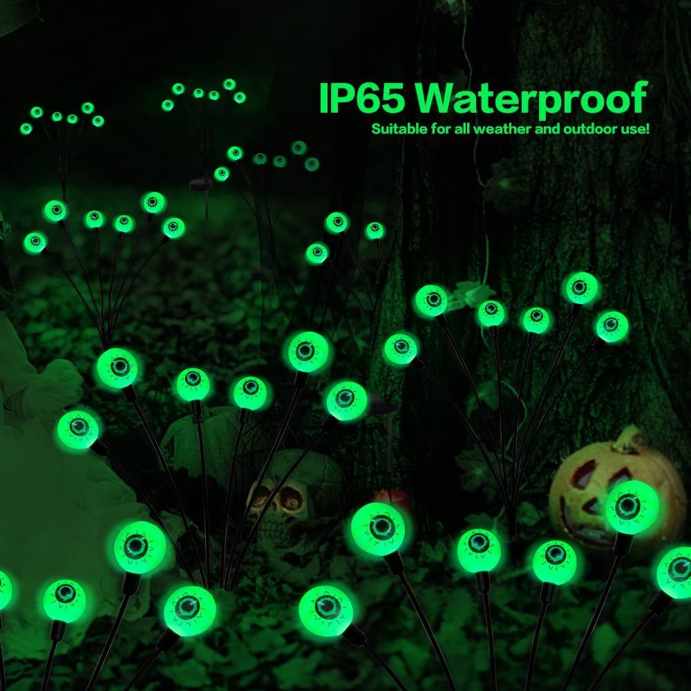 Halloween Decorations Outdoor Solar Scary Eyeball Lights,2PACKS LED Green Eyeball Swaying Firefly Lights,Waterproof Solar Halloween Path Lights for Yard/Garden/Lawn/Party Decor - Green - Size 10 led