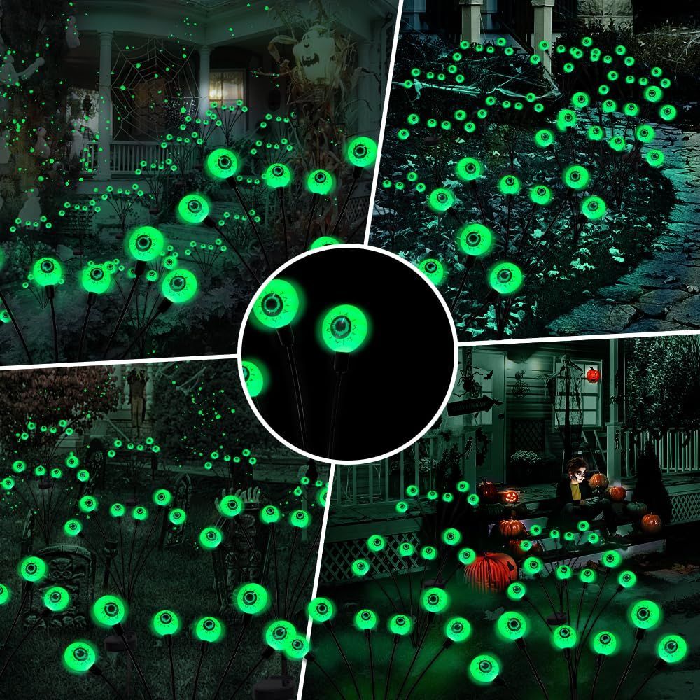 Halloween Decorations Outdoor Solar Scary Eyeball Lights,2PACKS LED Green Eyeball Swaying Firefly Lights,Waterproof Solar Halloween Path Lights for Yard/Garden/Lawn/Party Decor - Green - Size 10 led