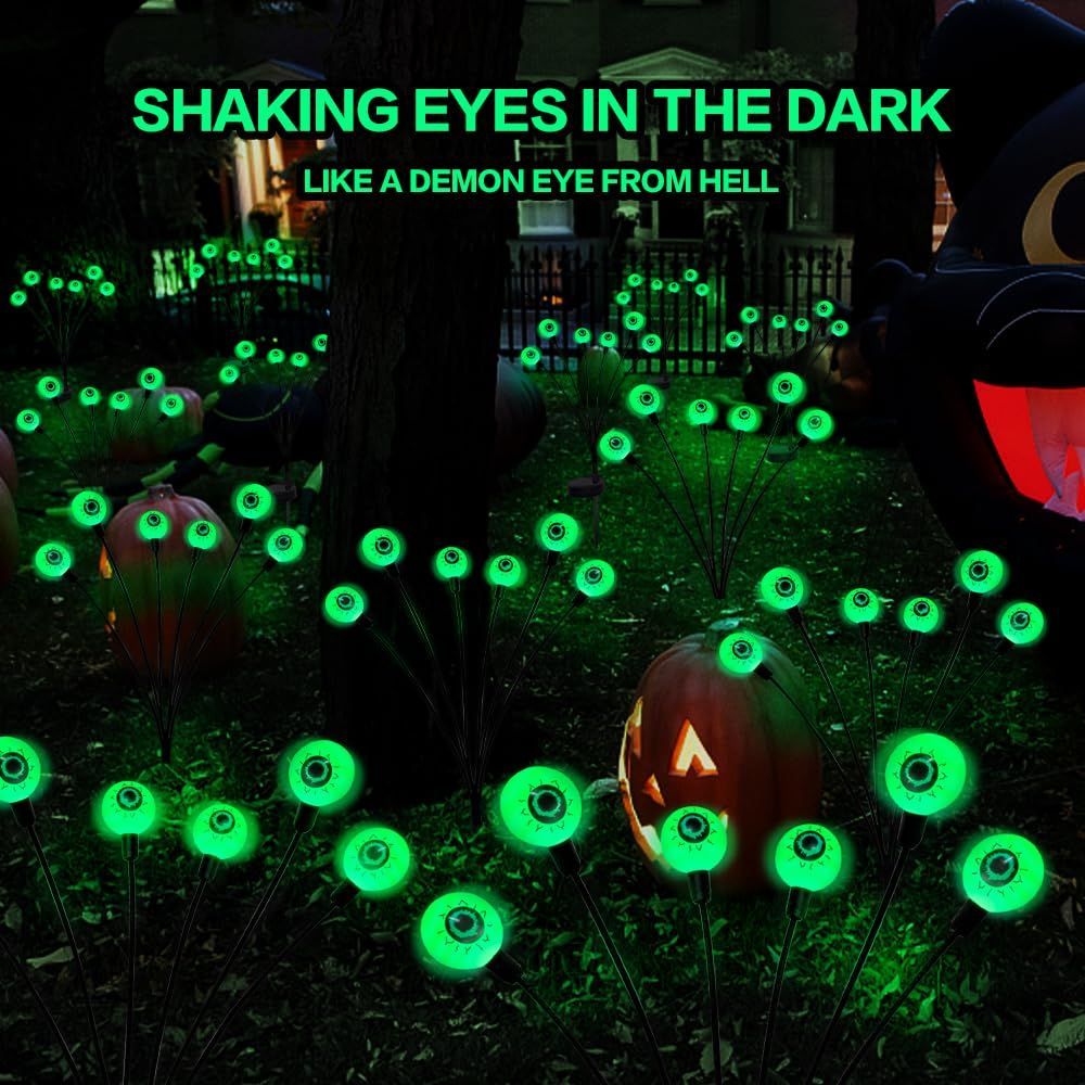 Halloween Decorations Outdoor Solar Scary Eyeball Lights,2PACKS LED Green Eyeball Swaying Firefly Lights,Waterproof Solar Halloween Path Lights for Yard/Garden/Lawn/Party Decor - Green - Size 10 led