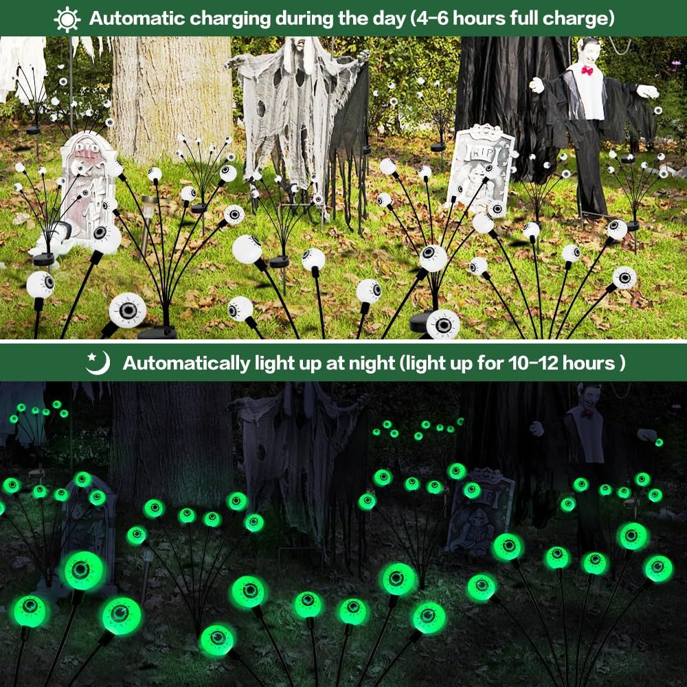Halloween Decorations Outdoor Solar Scary Eyeball Lights,2PACKS LED Green Eyeball Swaying Firefly Lights,Waterproof Solar Halloween Path Lights for Yard/Garden/Lawn/Party Decor - Green - Size 10 led