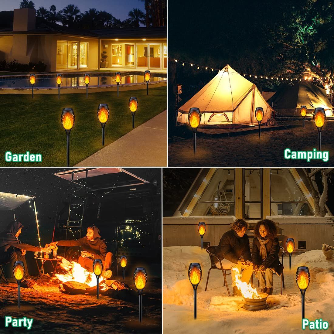 Solar Torch Light with Flickering Flame for Halloween Decorations | Solar Lights Outdoor for Halloween Decor, Waterproof Solar Garden Lights, Flame Torches for Outside Garden Patio Pathway Yard 12-LED Flame Light - Black - Size 12 Pack