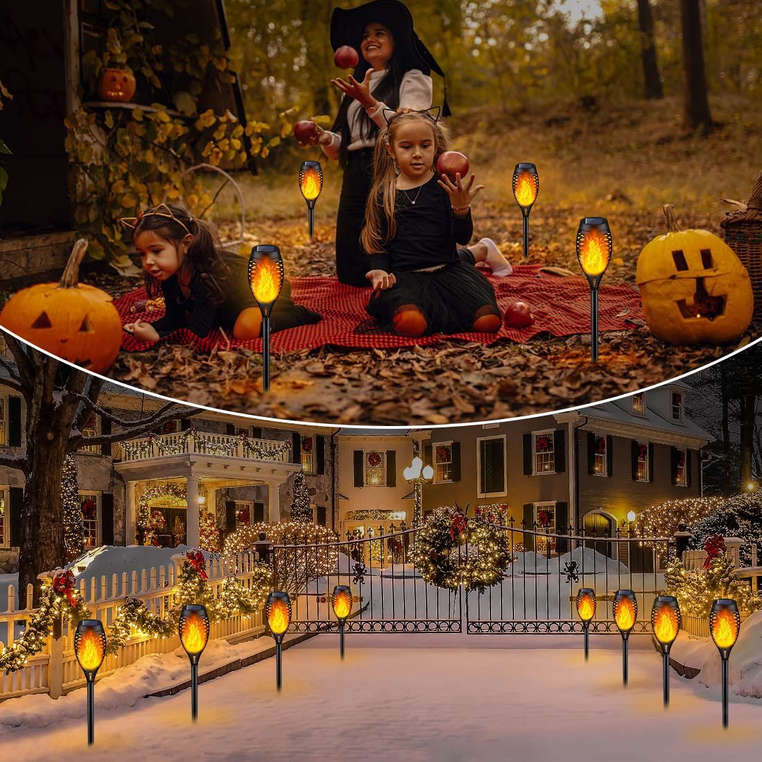 Solar Torch Light with Flickering Flame for Halloween Decorations | Solar Lights Outdoor for Halloween Decor, Waterproof Solar Garden Lights, Flame Torches for Outside Garden Patio Pathway Yard 12-LED Flame Light - Black - Size 12 Pack