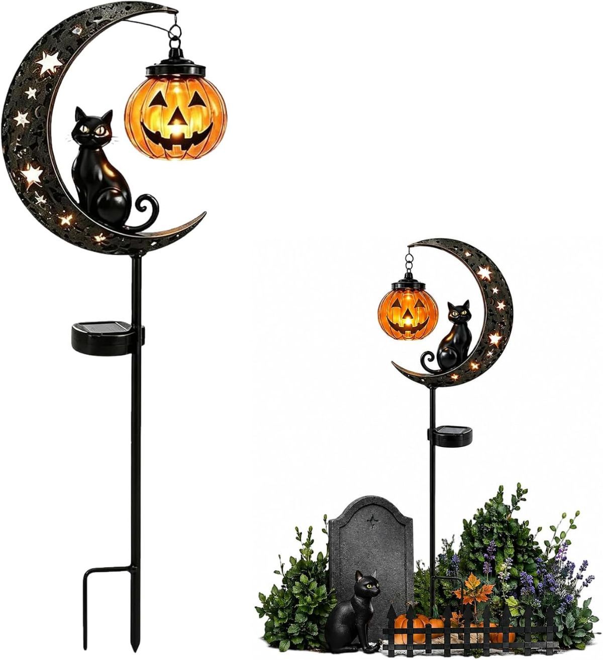 Solar Halloween Garden Stake Lights Black Cat Pumpkin Moon Lights Outdoor - Yellow - Size B