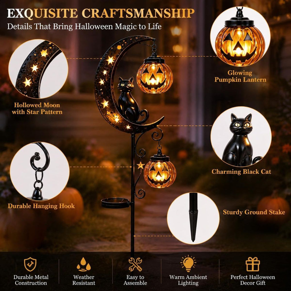 Solar Halloween Garden Stake Lights Black Cat Pumpkin Moon Lights Outdoor - Yellow - Size B