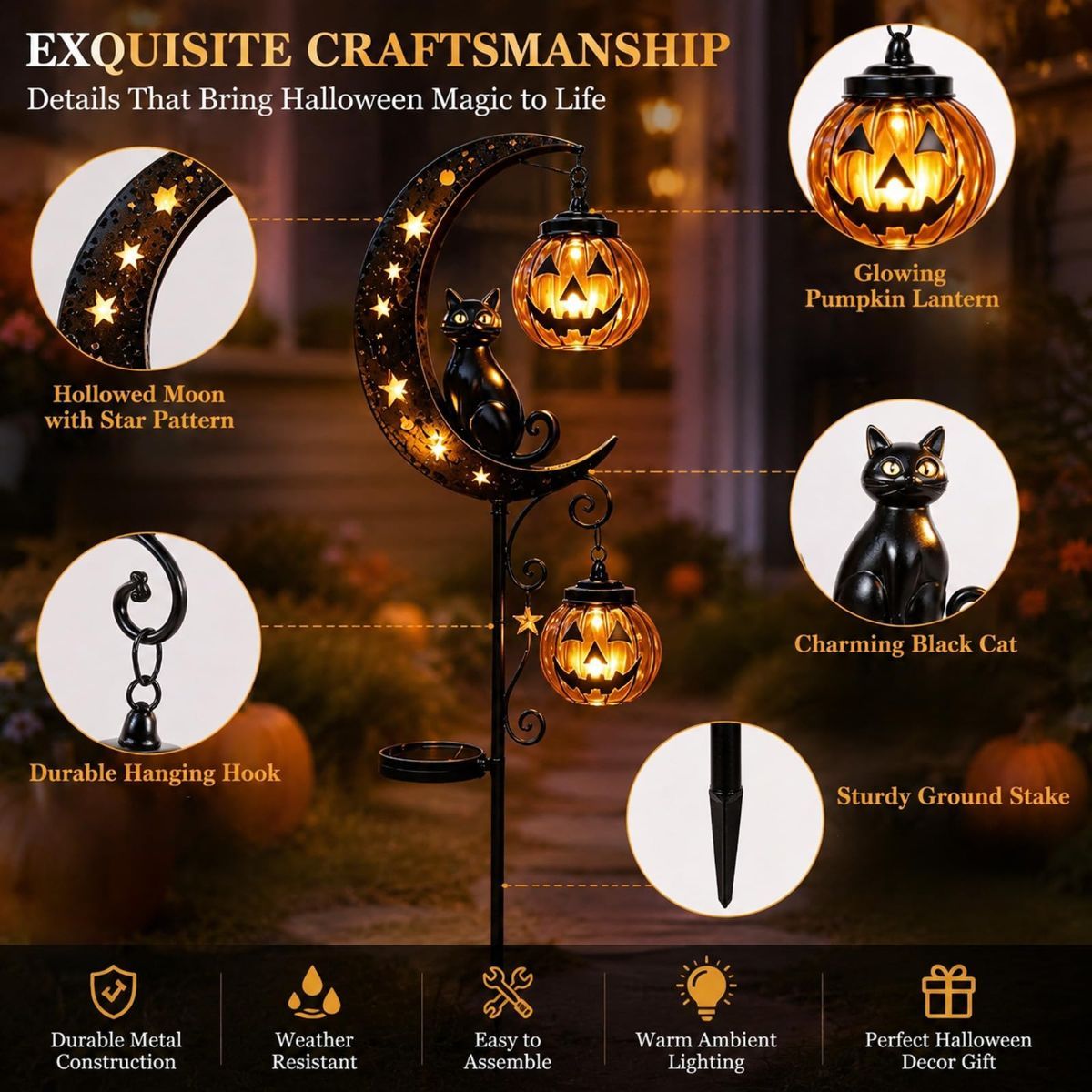 Solar Halloween Garden Stake Lights Black Cat Pumpkin Moon Lights Outdoor - Yellow - Size B