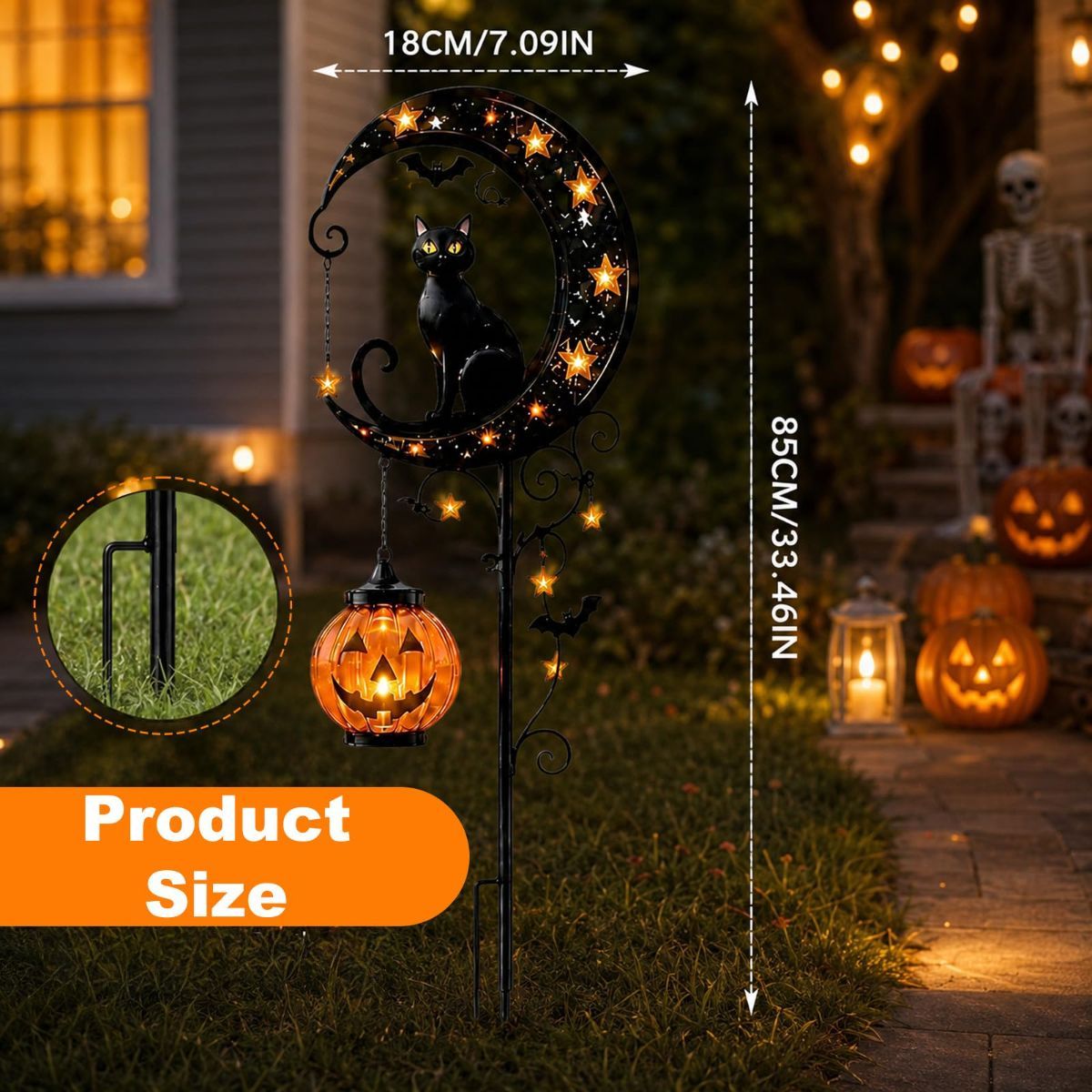 Solar Halloween Garden Stake Lights Black Cat Pumpkin Moon Lights Outdoor - Yellow - Size B