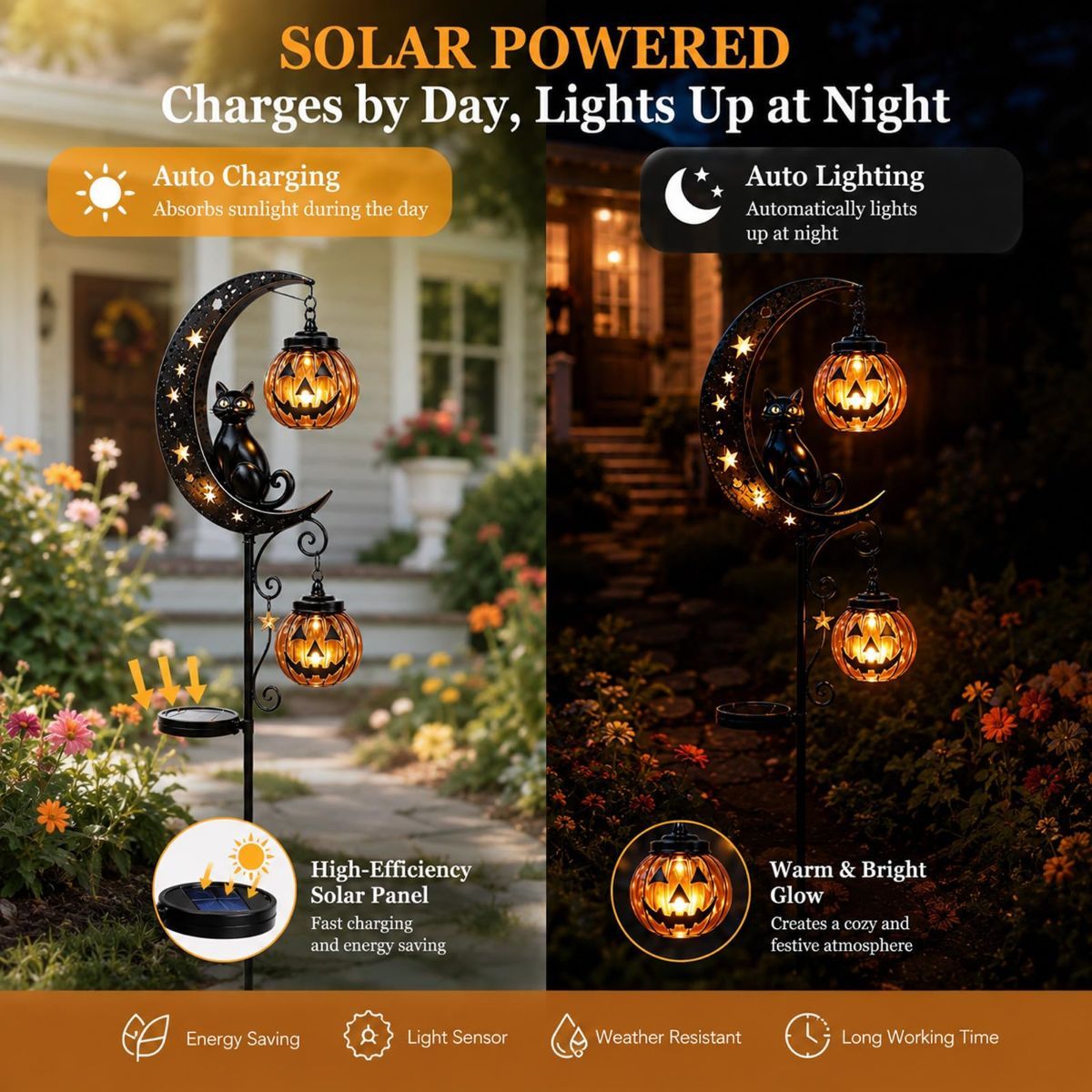 Solar Halloween Garden Stake Lights Black Cat Pumpkin Moon Lights Outdoor - Yellow - Size B