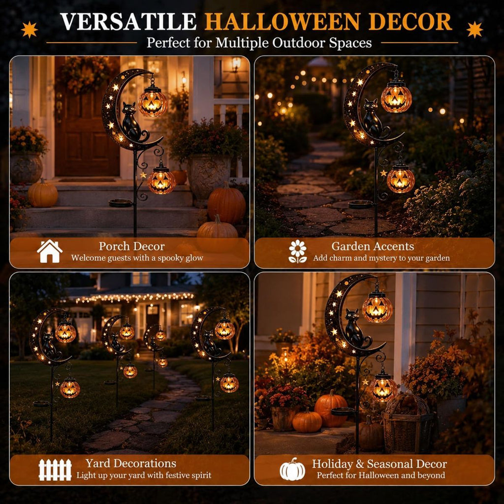 Solar Halloween Garden Stake Lights Black Cat Pumpkin Moon Lights Outdoor - Yellow - Size B