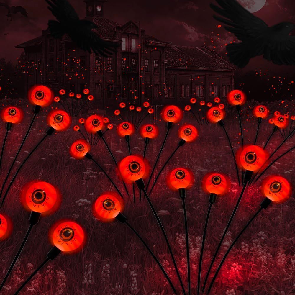 Outdoor Halloween Decorations Solar Spooky Lights Scary Eyeballs Swaying Firefly Light with Magic Party Garden Decor,Solar Halloween Path Lights for Grave Cemetery,Ghost Decor 2PACK - Red - Size 10 led