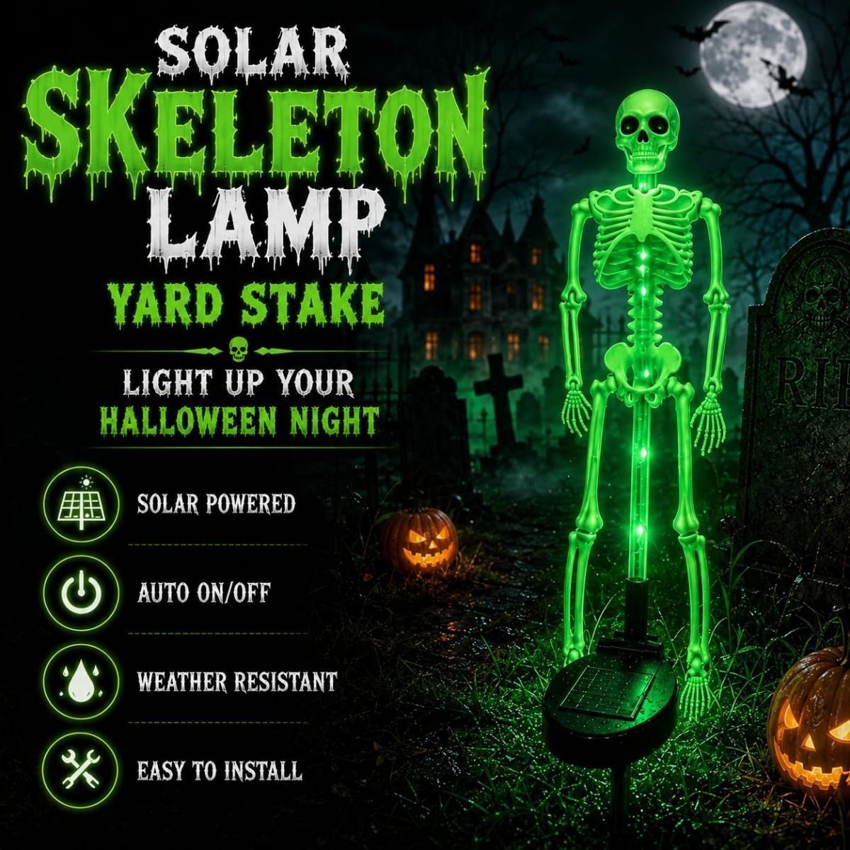 Solar Skeleton Lamp Yard Stake Halloween Decorations Garden Light, 28'' Glow Bones Figurine LED Lamp, 3D Creepy Waterproof Realistic Skull for Outdoor Grave Lawn Patio Party Fall Decor - Green - Size 2 Pack