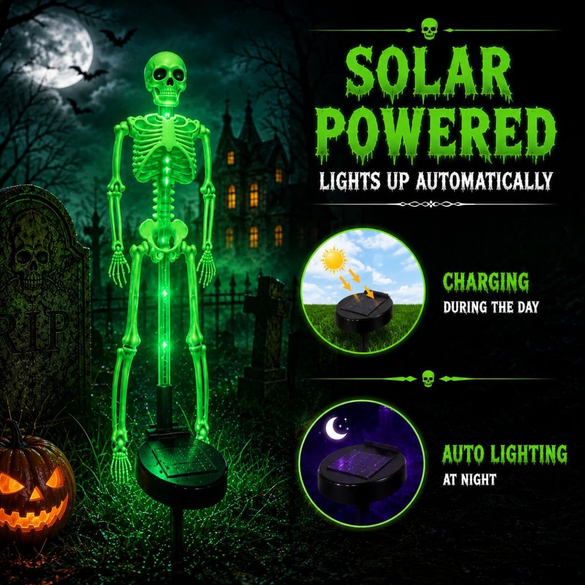 Solar Skeleton Lamp Yard Stake Halloween Decorations Garden Light, 28'' Glow Bones Figurine LED Lamp, 3D Creepy Waterproof Realistic Skull for Outdoor Grave Lawn Patio Party Fall Decor - Green - Size 2 Pack