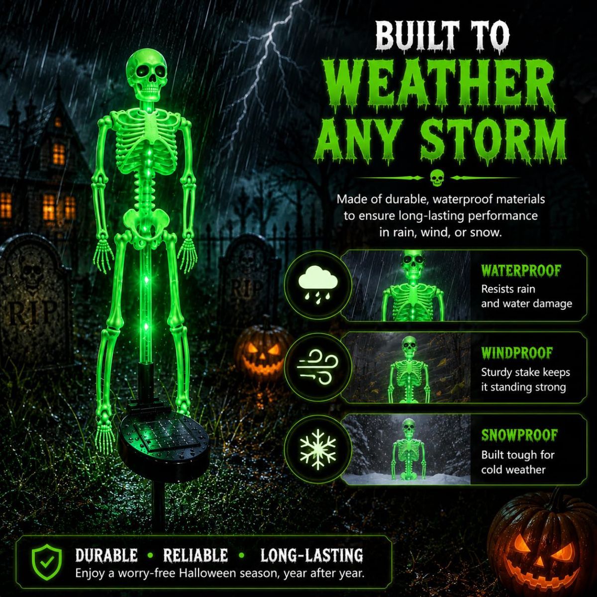 Solar Skeleton Lamp Yard Stake Halloween Decorations Garden Light, 28'' Glow Bones Figurine LED Lamp, 3D Creepy Waterproof Realistic Skull for Outdoor Grave Lawn Patio Party Fall Decor - Green - Size 2 Pack