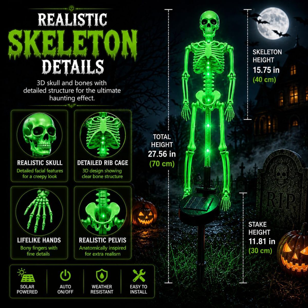 Solar Skeleton Lamp Yard Stake Halloween Decorations Garden Light, 28'' Glow Bones Figurine LED Lamp, 3D Creepy Waterproof Realistic Skull for Outdoor Grave Lawn Patio Party Fall Decor - Green - Size 2 Pack