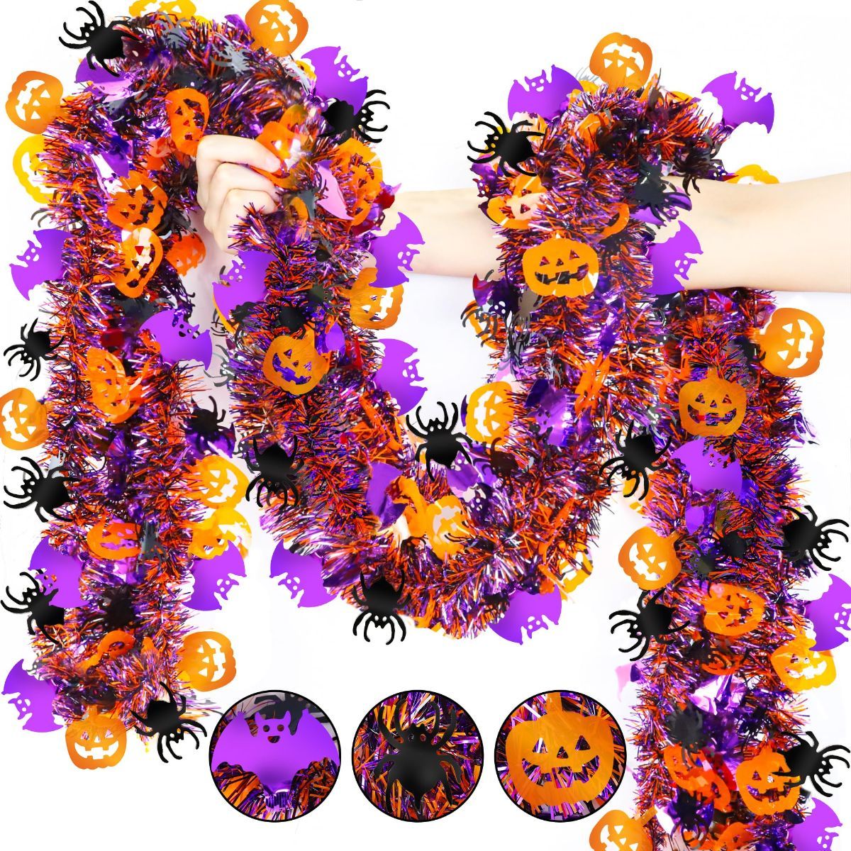 10-Pack 2M Halloween Garland,Purple Orange Tinsel Garland Halloween Decorations | Shiny Metallic Twist Halloween Tinsel Garland for Home Mantle Office Indoor Outdoor Stairs Party Tree Decorations - Multi-color - Size C