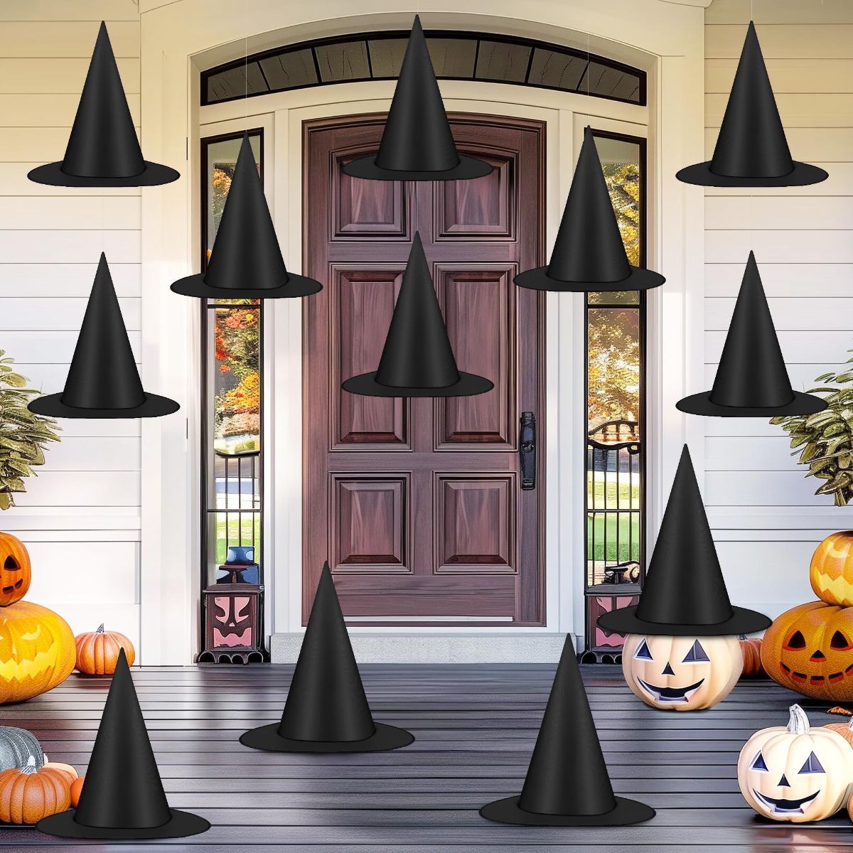 24 PCS Halloween Witch Hats, Black Hanging Witch Hats Porch Yard Decor | Witch Costume Accessories Witches Hat with 328 FT Nylon Cord Wizard Hats Indoor Outdoor Halloween Decorations - Black - Size 24Pcs