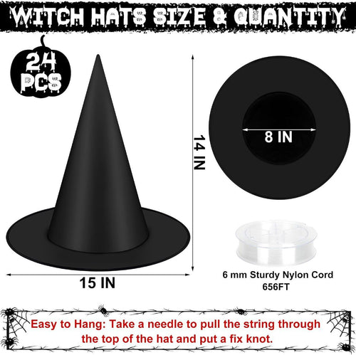 24 PCS Halloween Witch Hats, Black Hanging Witch Hats Porch Yard Decor | Witch Costume Accessories Witches Hat with 328 FT Nylon Cord Wizard Hats Indoor Outdoor Halloween Decorations - Black - Size 24Pcs