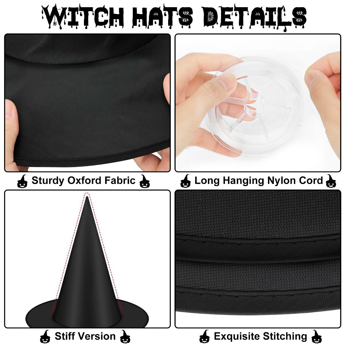 24 PCS Halloween Witch Hats, Black Hanging Witch Hats Porch Yard Decor | Witch Costume Accessories Witches Hat with 328 FT Nylon Cord Wizard Hats Indoor Outdoor Halloween Decorations - Black - Size 24Pcs