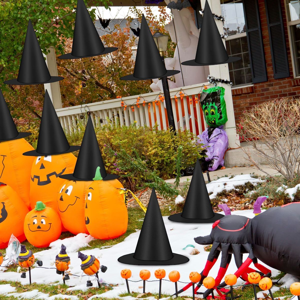 24 PCS Halloween Witch Hats, Black Hanging Witch Hats Porch Yard Decor | Witch Costume Accessories Witches Hat with 328 FT Nylon Cord Wizard Hats Indoor Outdoor Halloween Decorations - Black - Size 24Pcs