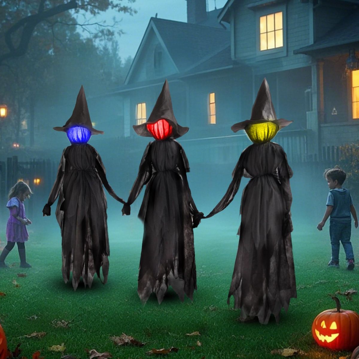 5 FT Witch Halloween Decorations Outdoor Yard Decor, Set of 3 | Changing Colors LEDs, Halloween Witch Yard Stakes, Haunted House Props for Lawn Garden Party