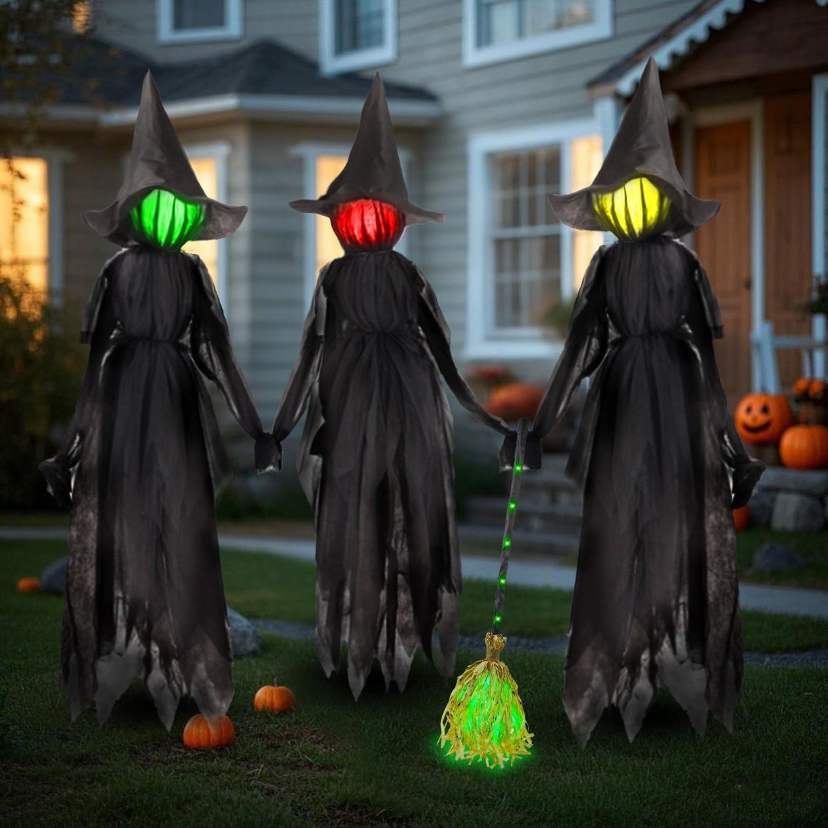 5 FT Witch Halloween Decorations Outdoor Yard Decor, Set of 3 | Changing Colors LEDs, Halloween Witch Yard Stakes, Haunted House Props for Lawn Garden Party