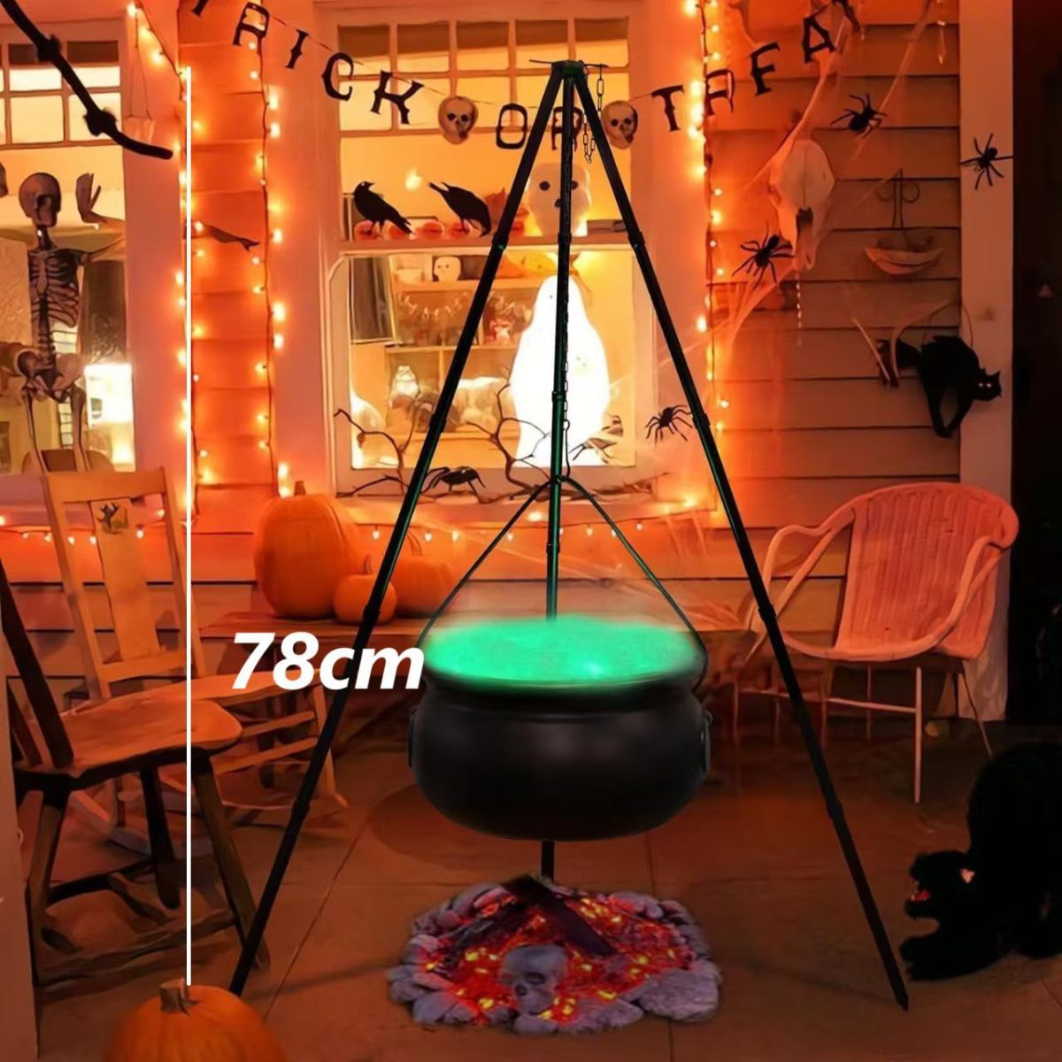 Halloween Outdoor Decorations Witch Cauldron Tripod Stand Fog Machine With - Black - Size 78cm