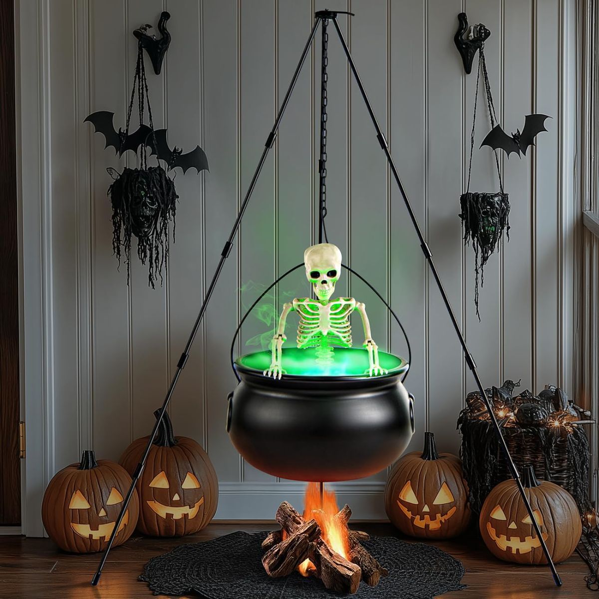 Halloween Outdoor Decorations Witch Cauldron Tripod Stand Fog Machine With - Black - Size 78cm