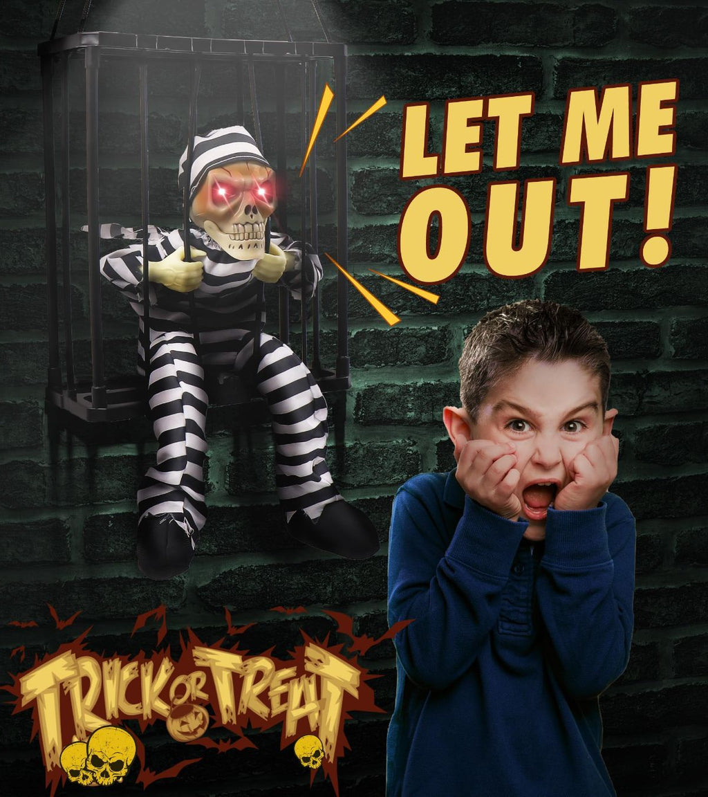 Animated Halloween Decorations with Infrared Sensor, Skull Prisoner | Screaming Sound Effects; Glowing Red Eye; Infrared-activated Scare Experience; Haunted House Atmosphere; Indoor & Outdoor Use