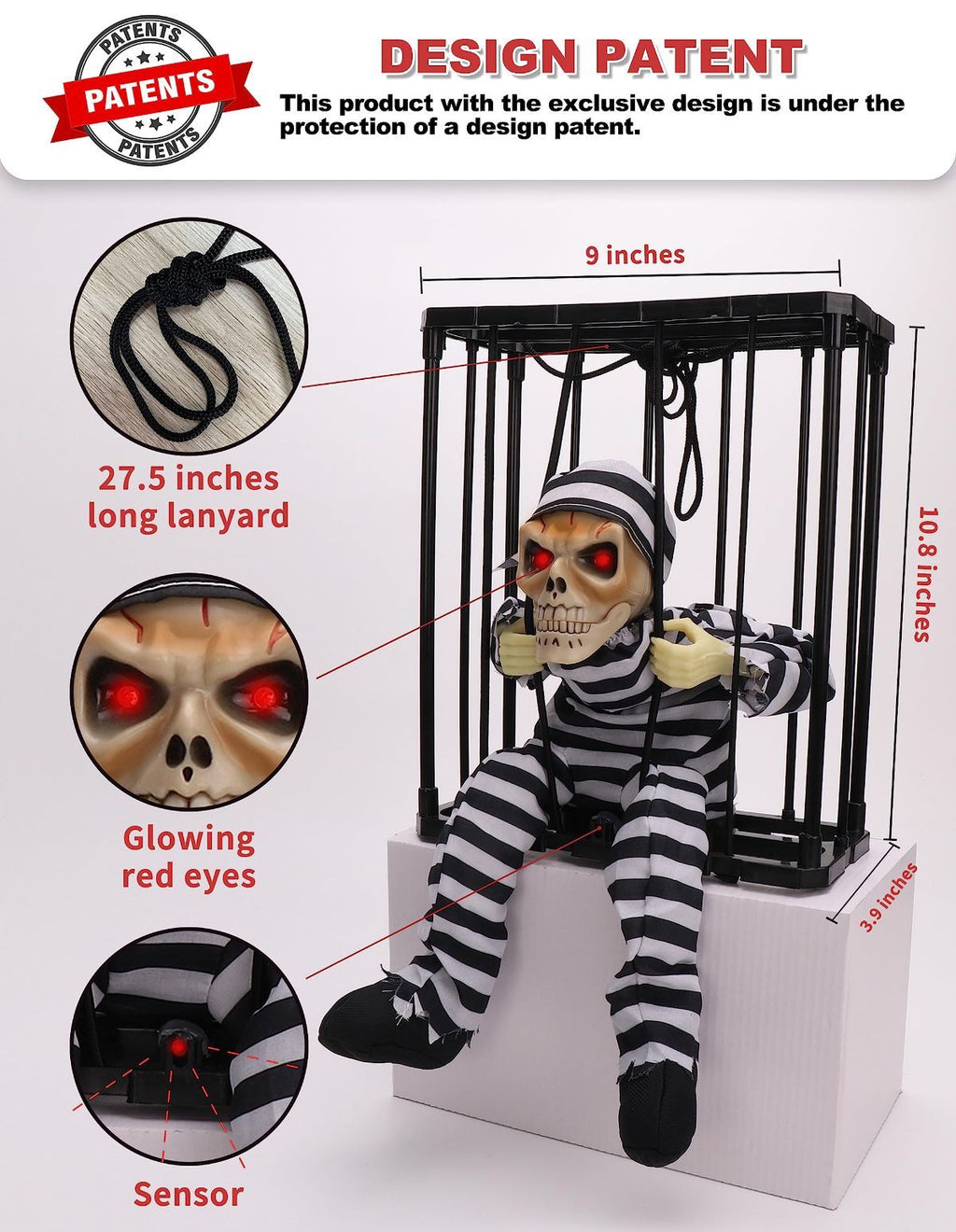 Animated Halloween Decorations with Infrared Sensor, Skull Prisoner | Screaming Sound Effects; Glowing Red Eye; Infrared-activated Scare Experience; Haunted House Atmosphere; Indoor & Outdoor Use
