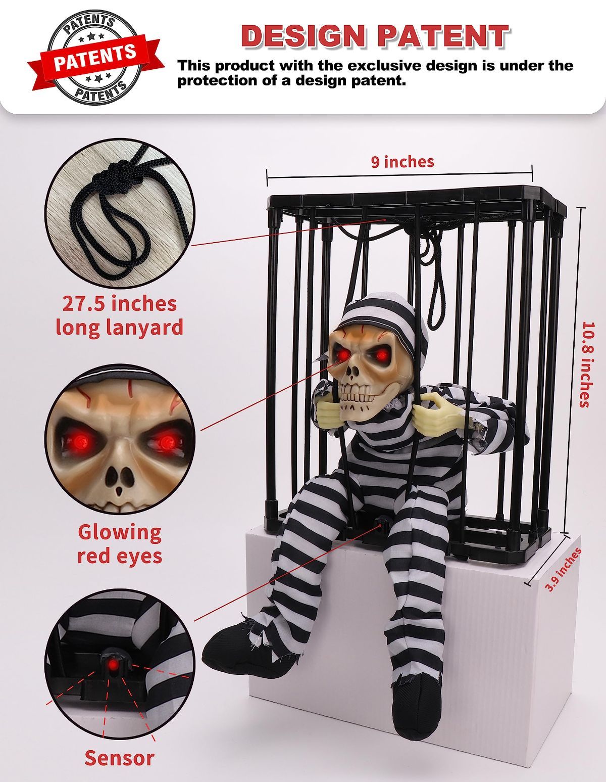 Animated Halloween Decorations with Infrared Sensor, Skull Prisoner | Screaming Sound Effects; Glowing Red Eye; Infrared-activated Scare Experience; Haunted House Atmosphere; Indoor & Outdoor Use