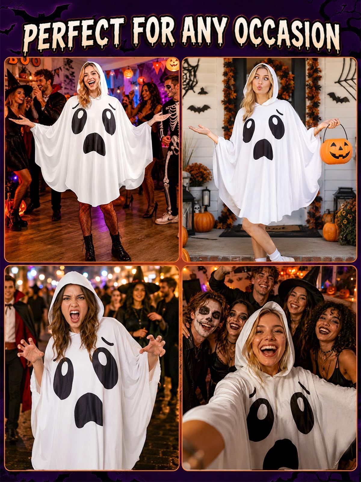 Adult Ghost Costume for Women – White Hooded Ghost Poncho, Spooky Halloween Costume