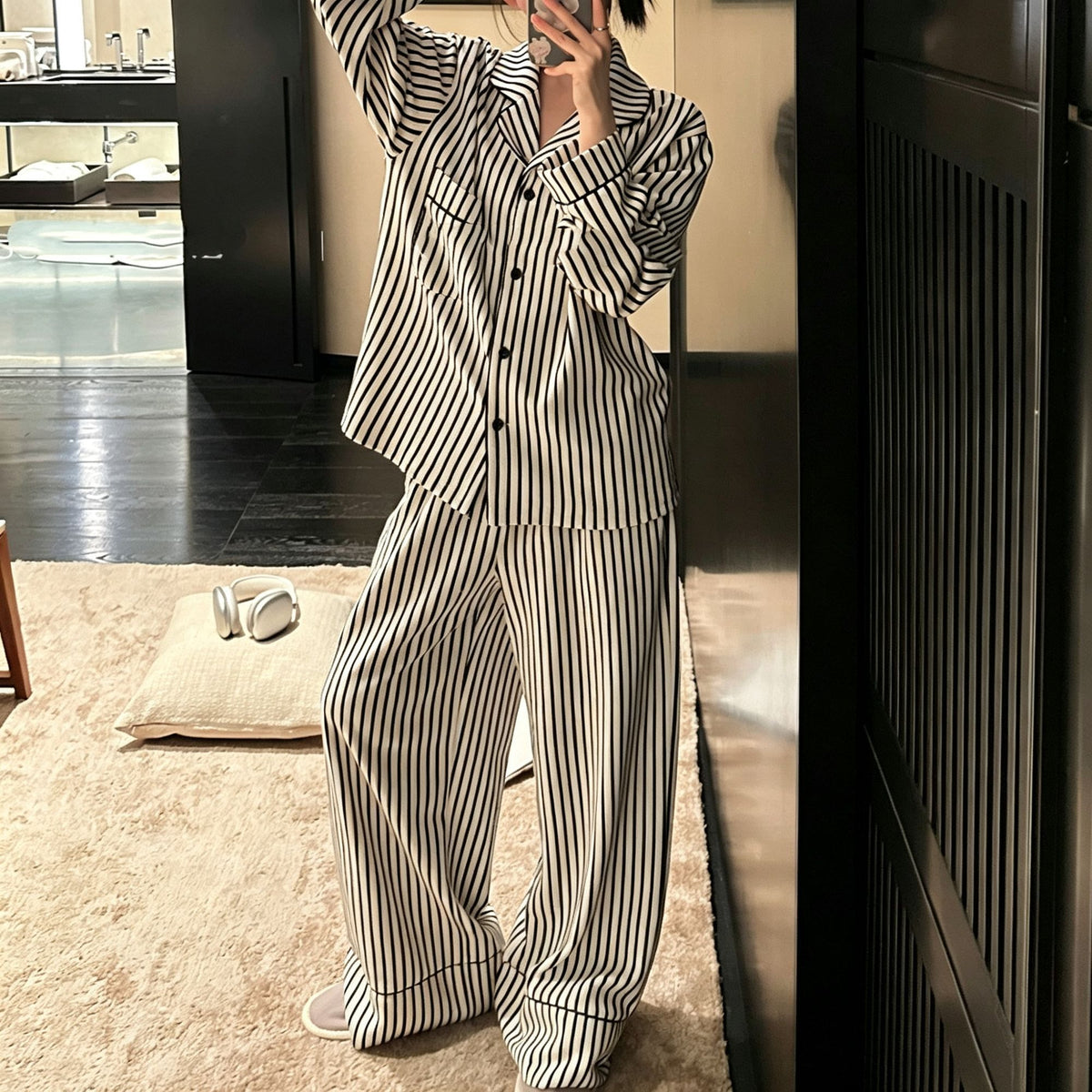 White Stripe Size L | Sweet Girl Long Sleeve Pajama Set | Christmas Tummy-Covering Gift | Loose Plus Size Casual Homewear Two-Piece