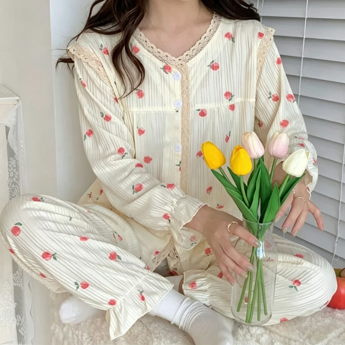 Peach Print Size L | Sweet Peach Long Sleeve Pajama Set | Christmas Girly Cute Gift | Loose Plus Size Soft Homewear Two-Piece