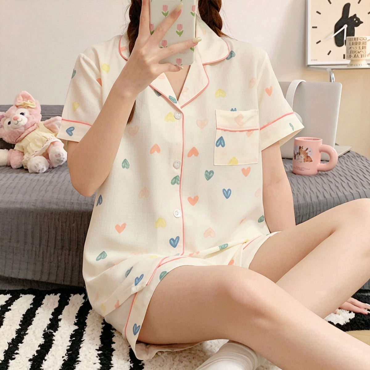 Colorful Heart Size XXL | Roomy Heart Print Short Pajamas | Halloween Relaxed Cute Gift | Short Set Loose Plus Size Homewear Set